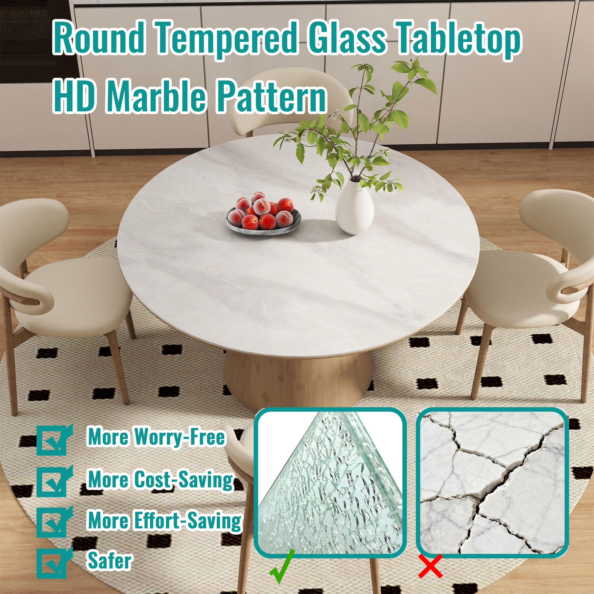 MAYEERTY 20in Round Tempered Glass Table Top, 0.31in Thick Marble Print DIY Replacement Table Cover, Heat & Scratch Proof Desktop for Small Side Coffee Bistro Patio Table