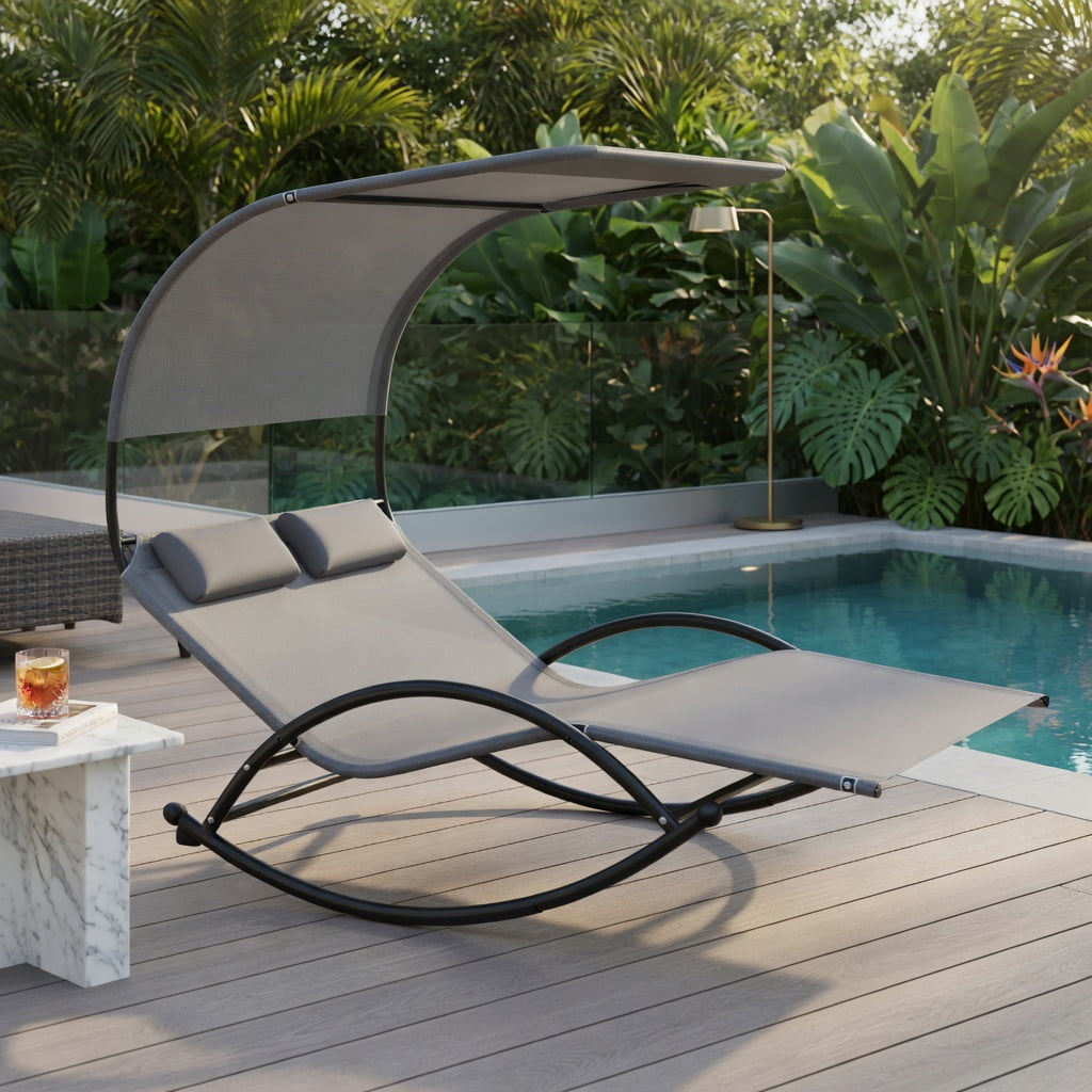 Hommoo 2-Person Outdoor Rocking Sunbed with Adjustable Canopy & Detachable Headrests, Metal Patio Lounger for Backyard, Poolside, Deck, Gray