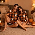 thumbnail image 5 of Halloween Pjs, Halloween Couple Matching Pajamas Set, Orange Plaid Ghost Pumpkin Full Print Short Sleeve Loungewear, Crop Top & Shorts Sleepwear, Cozy Spooky Holiday Nightwear for Summer Home Wear, L, 5 of 6