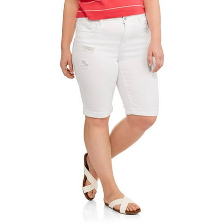 Juniors' Plus White Destroyed Cuffed Bermuda Shorts
