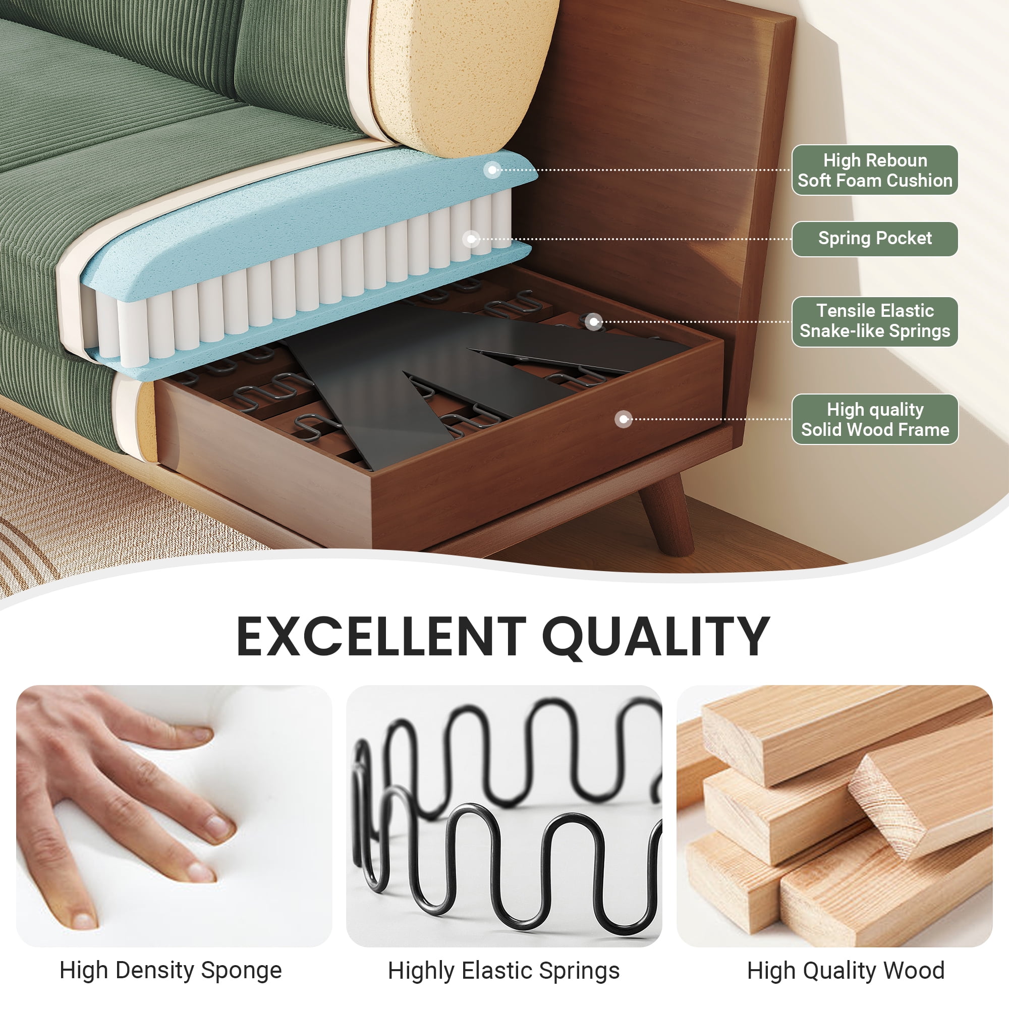 Neche 68" Corduroy Sofa for Living Room, 2 Seater Modern Couch for Small Space Office, Comfy Loveseat in a Box, Green