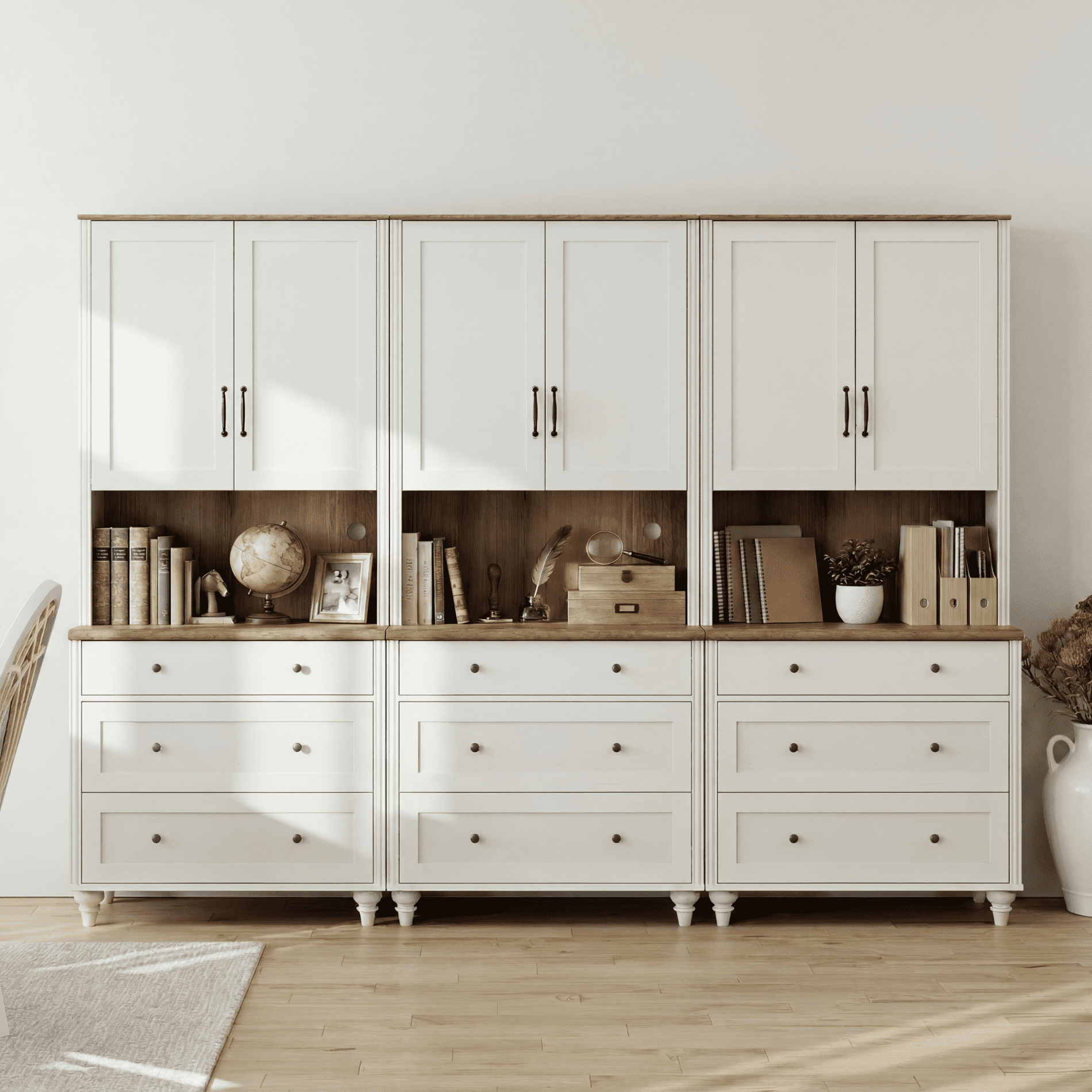 Sideboard Buffet Cabinet with Storage, Large Bookcase with Wood Doors, Bookshelf with 9 Drawers, Farmhouse Bookshelves for Living Room, Office, Kitchen, Study Room, White, 72" H