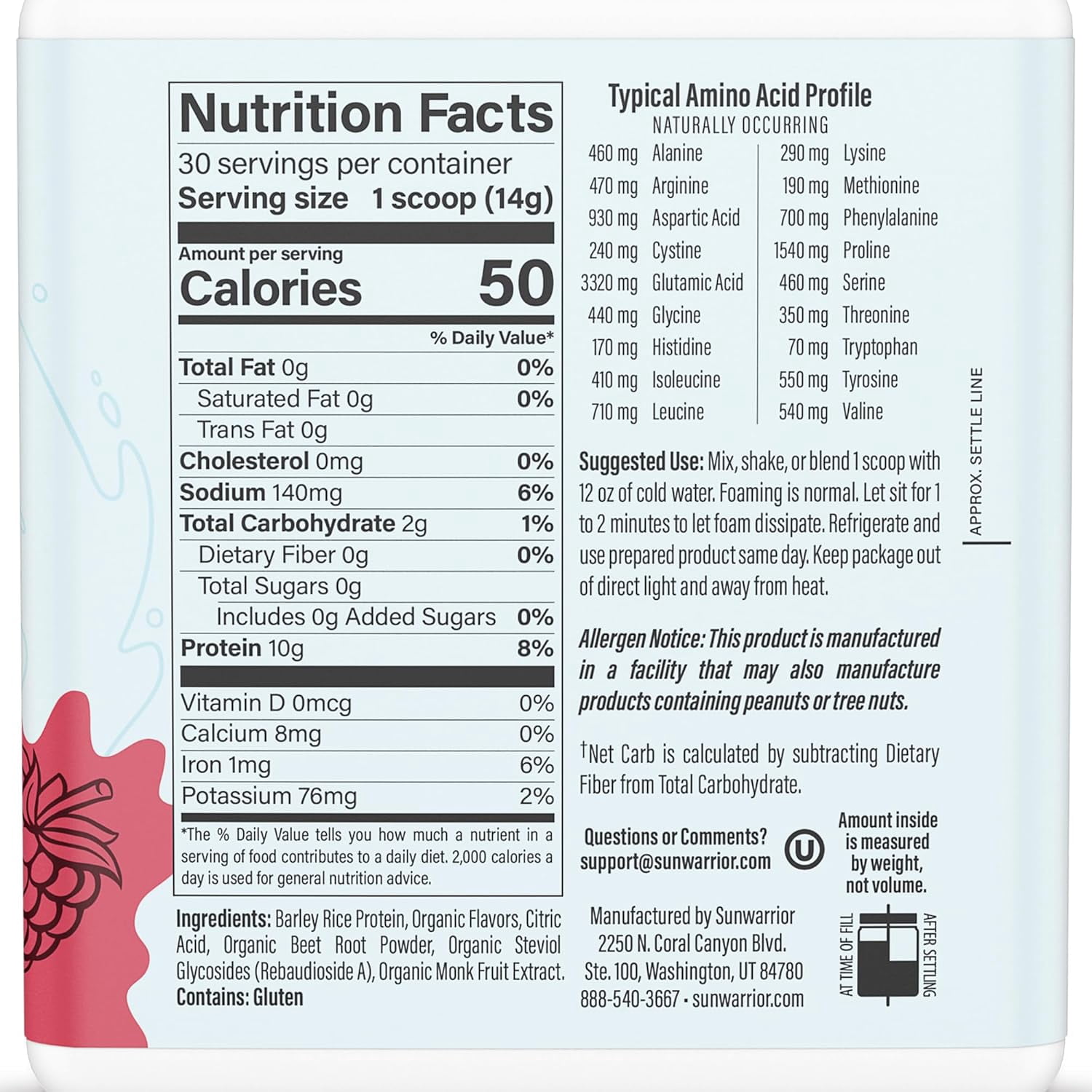 Sunwarrior Vegan Hydration Clear Protein Powder Water Mix, Raspberry, 14.8 oz