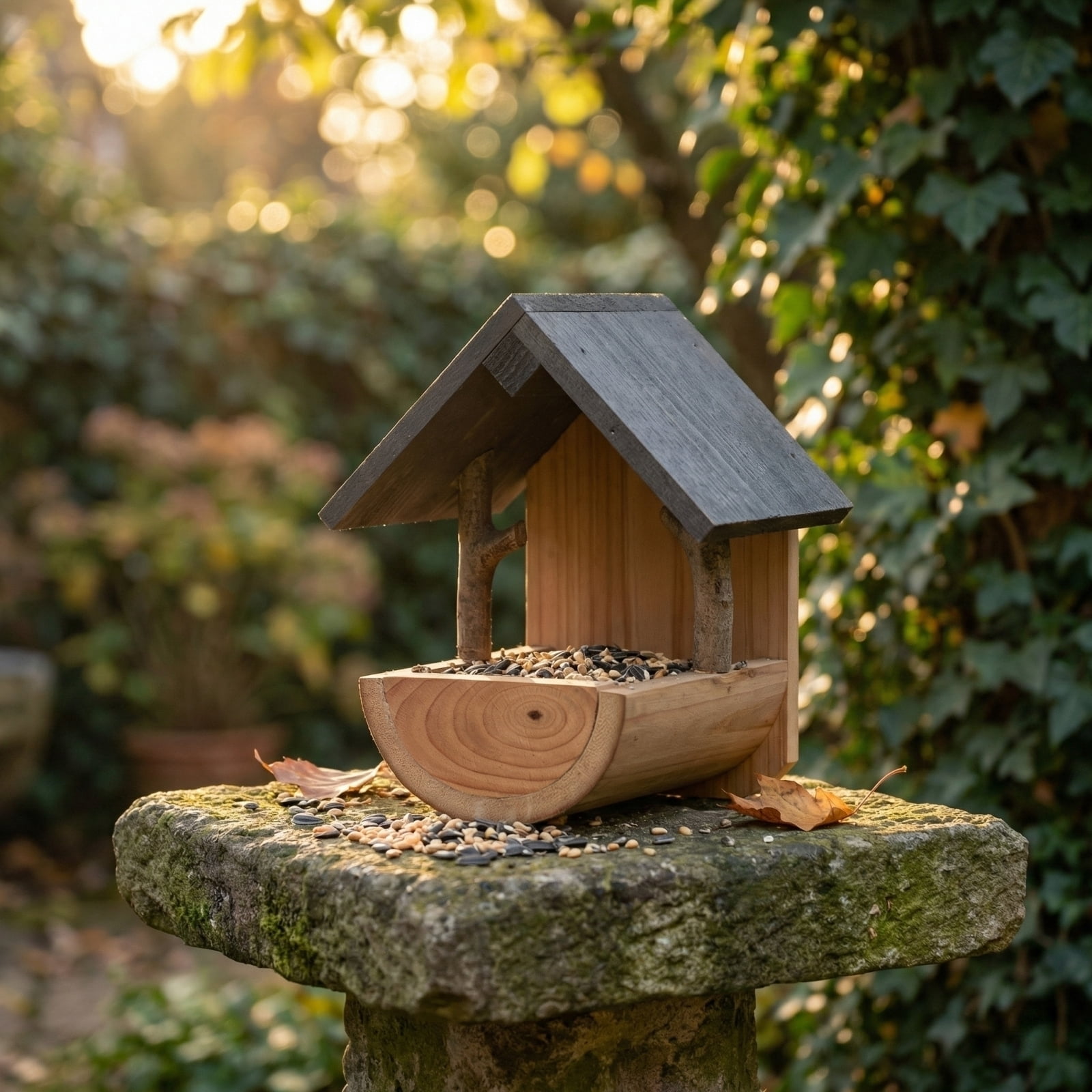 Wooden Bird Feeder Wall Mounted, Large Capacity Outdoor Hanging Bird Feeder with Rear Mounting Hole for Patio Yard, Decorative Wood Bird House Garden Ornament