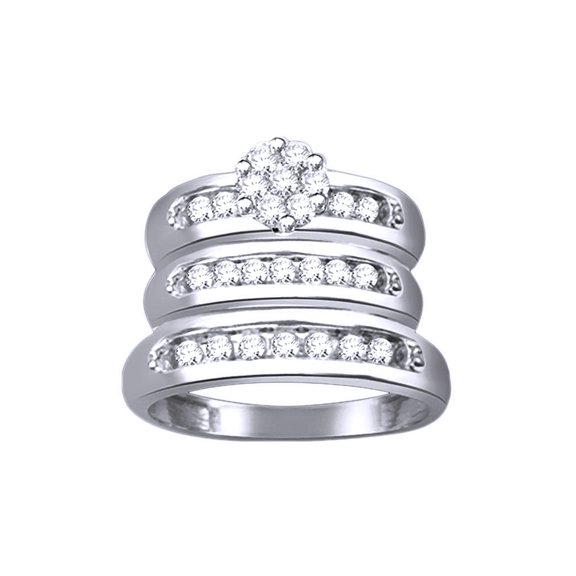 AFFY White Natural Diamond Wedding & Engagement Trio Band Ring Set In 10k White Gold (0.75 Cttw)