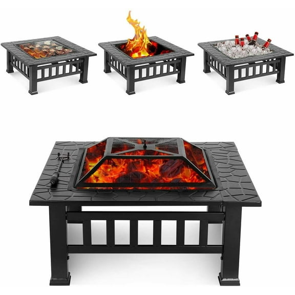 Pirecart 32" Wood Burning Fire Pit Table Outdoor Wood Burning Outdoor Firepit with Screen Lid, Poker and Waterproof Cover