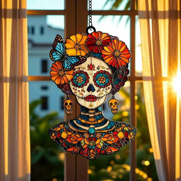 Day of the Dead Sugar Skull Acrylic Suncatcher ? Faux Stained Glass Window Hanging, Marigold & Butterfly D‚cor