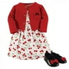 Hudson Baby Infant Girl Cotton Dress, Cardigan and Shoe 3pc Set, Cherries, 9-12 Months