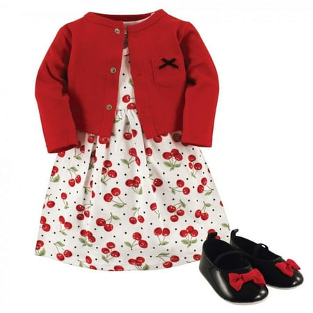 UPC: 0660168554137 | Hudson Baby Infant Girl Cotton Dress  Cardigan and Shoe 3pc Set  Cherries  0-3 Months