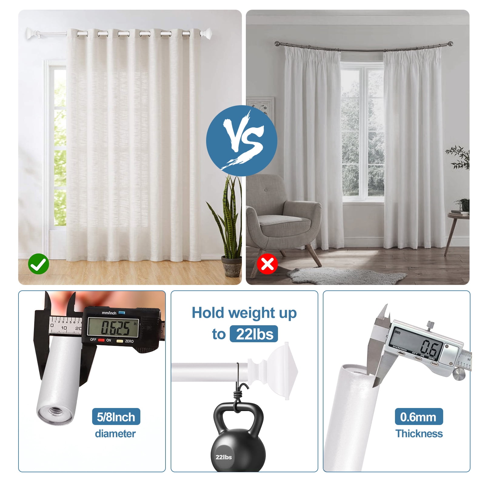 Urbanest Single Curtain Rod with 8 Clip Rings & Decorative Square Urn Finials – Classic Metal Window Drapery Rod Set, Heavy-Duty & Adjustable, 5/8" Diameter, 28" to 48", Glossy White
