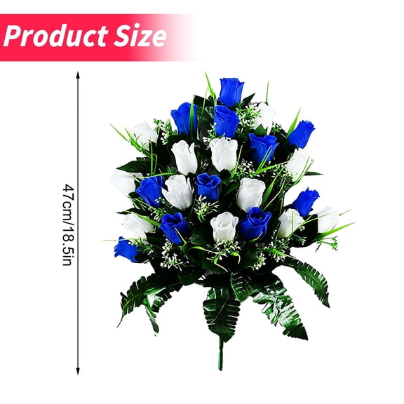 18.5 Inch Blue & White Artificial Rose Bouquet, Cemetery Memorial Flower for Loved Ones, Grave Decor