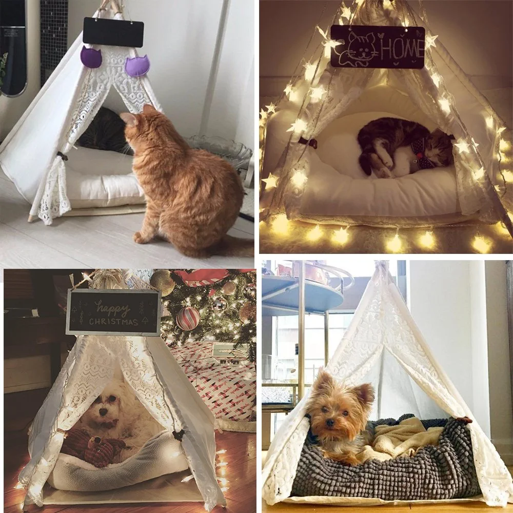 DEWEL Pet Teepee Tent, Portable Washable Play House for Dogs & Cats, Lace Style Pet Bed