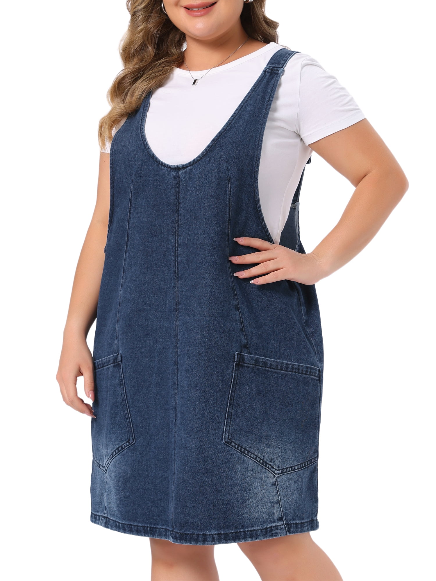 DARING DIVA Women's Plus Denim Overall Sleeveless V Neck Denim Jumper Dress 4X Black Blue