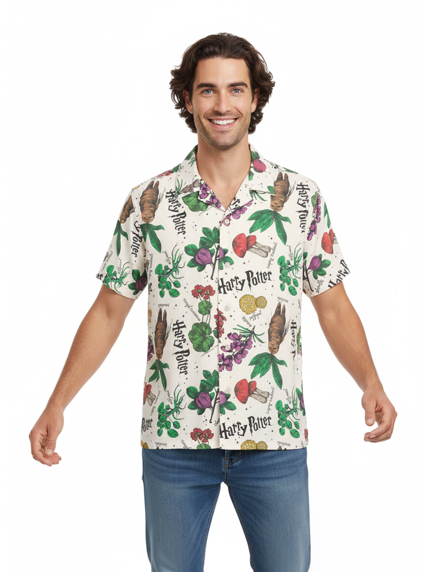 Harry Potter Men’s Short Sleeve Button-Up Camp Shirt, Herb AOP, Sizes S–3XL