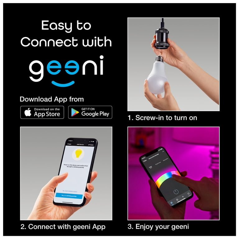 Geeni GN-BW944-999 4Pk Smart Wi-Fi LED Color White Light Bulb A21 -  Walmart.com