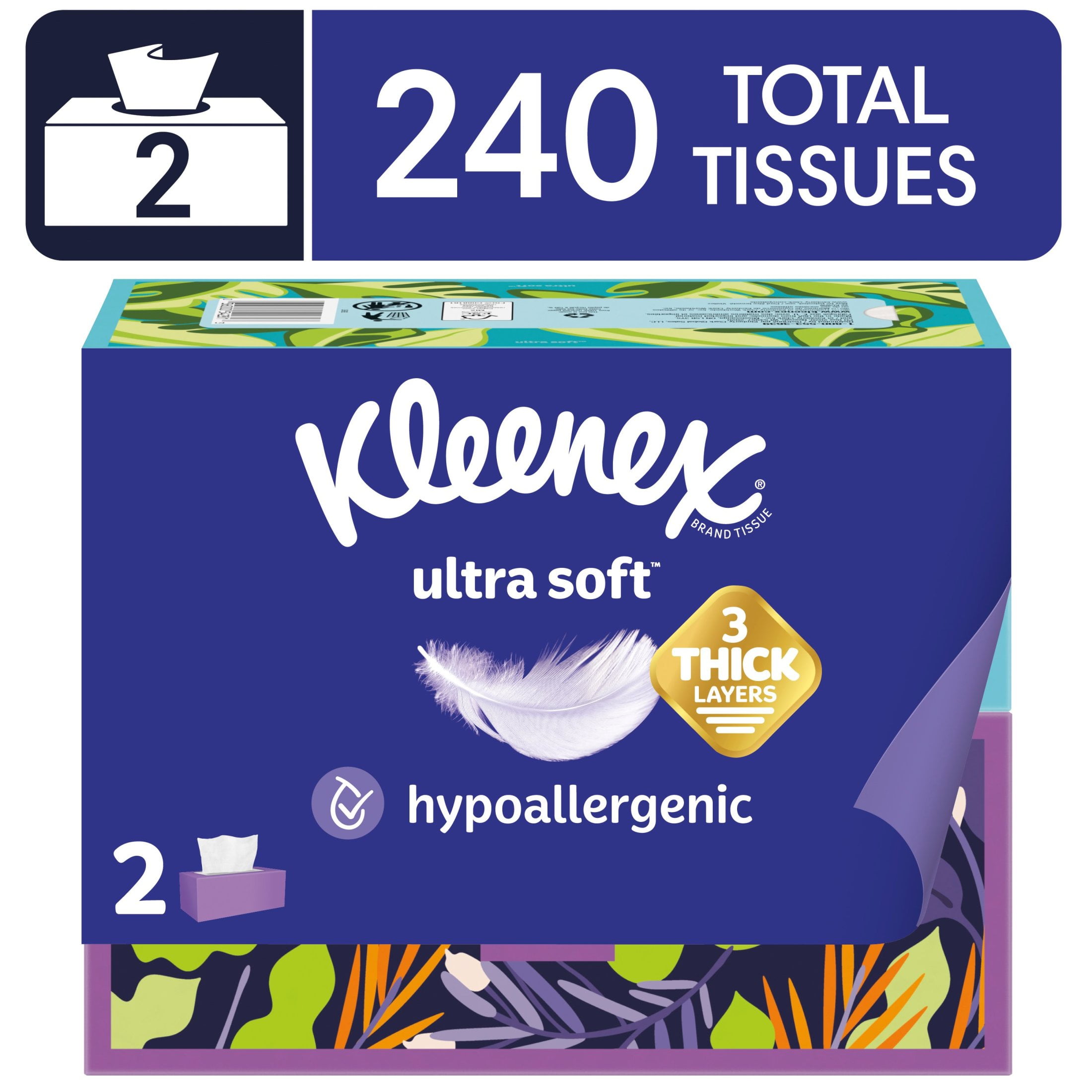 Kleenex Ultra Soft 3-Ply Facial Tissues, Hypoallergenic, 2 Kleenex Ultra Soft 3-Ply Facial Tissues, Hypoallergenic, 2