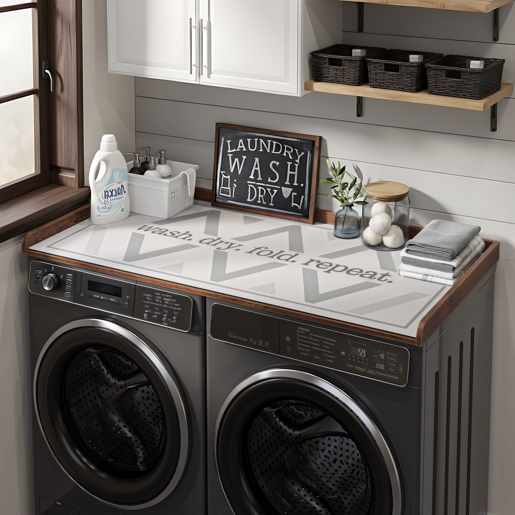 27.6" D x 54" W Wood Washer Dryer Countertop with Anti-Slip Pad, Laundry Room Organization Set, Dryer Covers for The Top with Edge Rails, Washer Dryer Topper for Laundry Room, Walnut