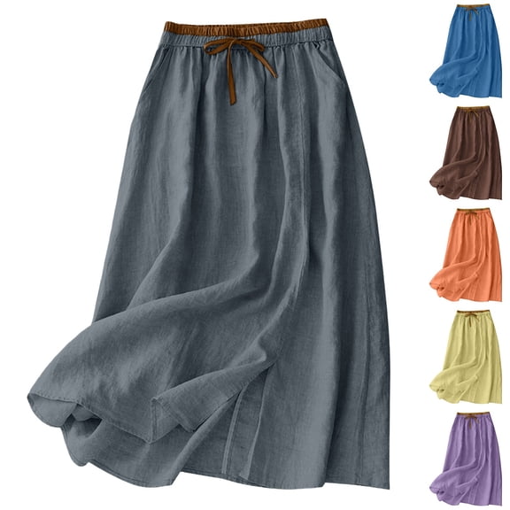 Women's Summer Casual Vintage Cotton Linen Blend Skirt High Waist Elastic Loose Fit Midi Drawstring Slit Yellow XL(XL)
