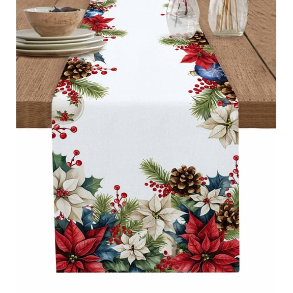 Ldtrchee Blue Red Christmas Balls Table Runner 70 Inches, Snowflake Xmas Botanical Berry Bed Runner Dresser Scarves Tabletop for Indoor Outdoor Parties/Ceremony/Banquet, 13" x 70"