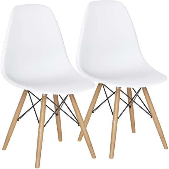MUERE DSW Dining Chairs Set of 2, Shell Plastic Chairs with Wooden Legs, Modern Style Armless Chairs for Living Room Kitchen Bedroom, Kitchen Side Chairs for Dining Room, Living Room, White