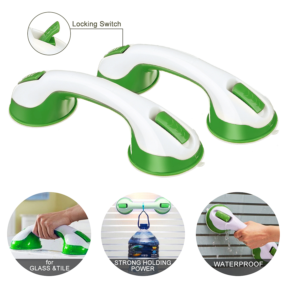 Pair Bathroom Shower Support Grab Bar Grip Powerful Suction Cup Tub