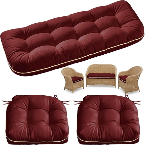 Wicker Chair Cushions 3 Pieces Set for Outdoor Furniture, Replacement Patio Wicker Furniture Cushions, 1Pc Loveseat Cushion & 2Pcs Chair Cushions (Burgundy)