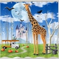 thumbnail image 1 of Whimsical Giraffe Shower Curtain with Fairytale Castle & Halloween Theme, 1 of 5