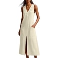 thumbnail image 4 of Vhkiploz Summer Long Linen Tank Dress For Women'S Sleeveless V-Neck Half-Button Front Split A-Line Dress With Buttons Solid Color Outwear Beach Tunic Dress With Pockets, 4 of 8
