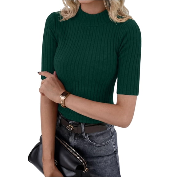 PEXLYCLU short sleeve sweater for women, womens short sleeve sweater, summer sweaters for women, Women's Spring Summer Scalloped Short Sleeve Tops Textured Shirts, Army Green L