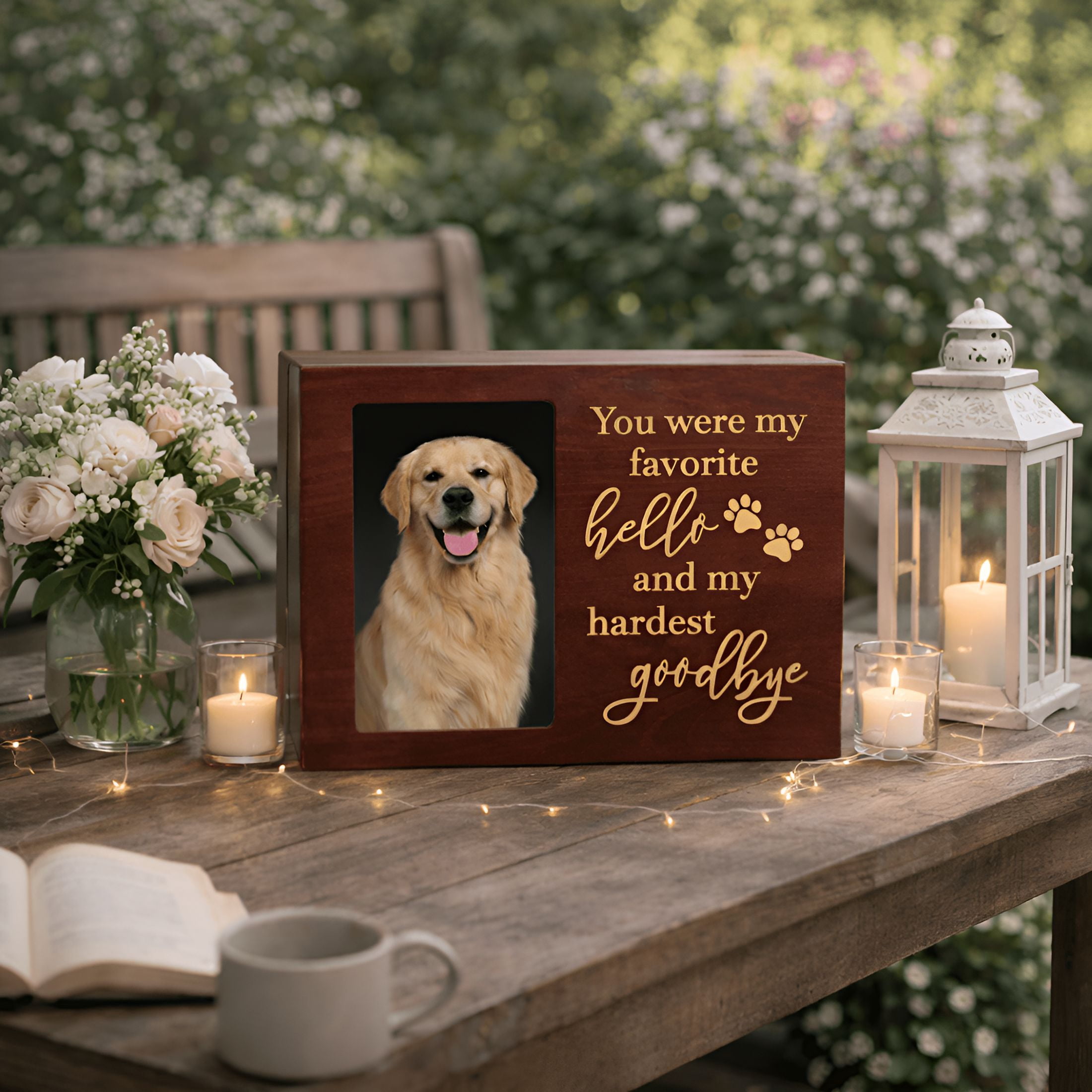 XIBUFE Pet Memorial Urn,Large Wooden Cremation Urn with Photo Frame,Keepsake Memory Box for Dog and Cat Ashes,Black Flannel Lining