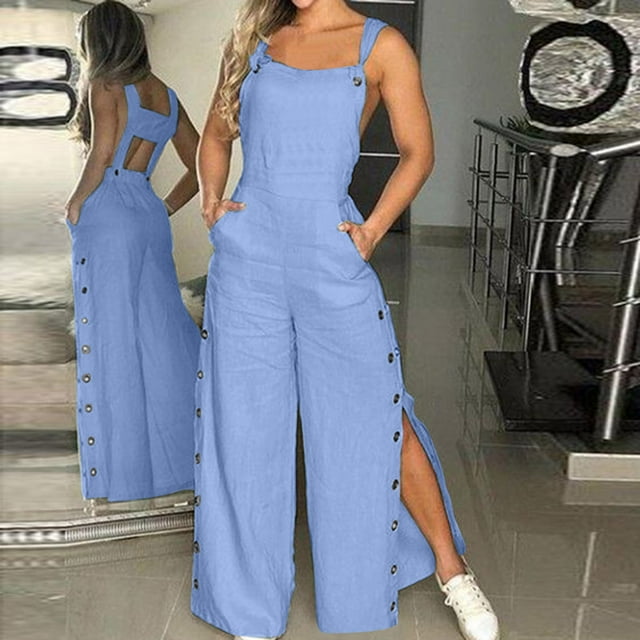 LOVZFMLL Combinaison pour Femme, Salopette Courte Décontractée Ample Sans Manches à Bretelles Ajustables avec Bavette, Tenue à Jambes Larges avec Poches Bleu Pâle, S