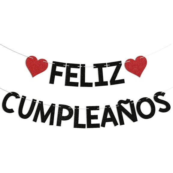 Feliz Cumpleaños Banner - Spanish Happy Birthday Banner, Mexican Fiesta Theme Birthday Party Decorations Black Glitter