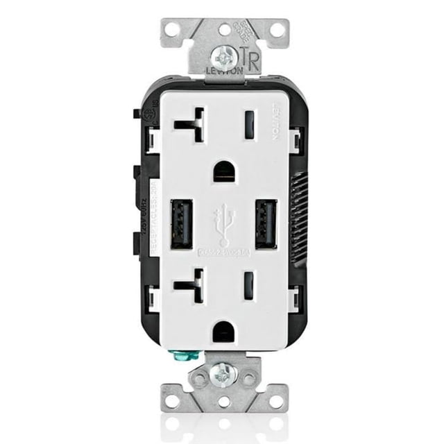 Cargador USB Leviton T5832-W tipo A, 20 A, resistente a manipulaciones, blanco