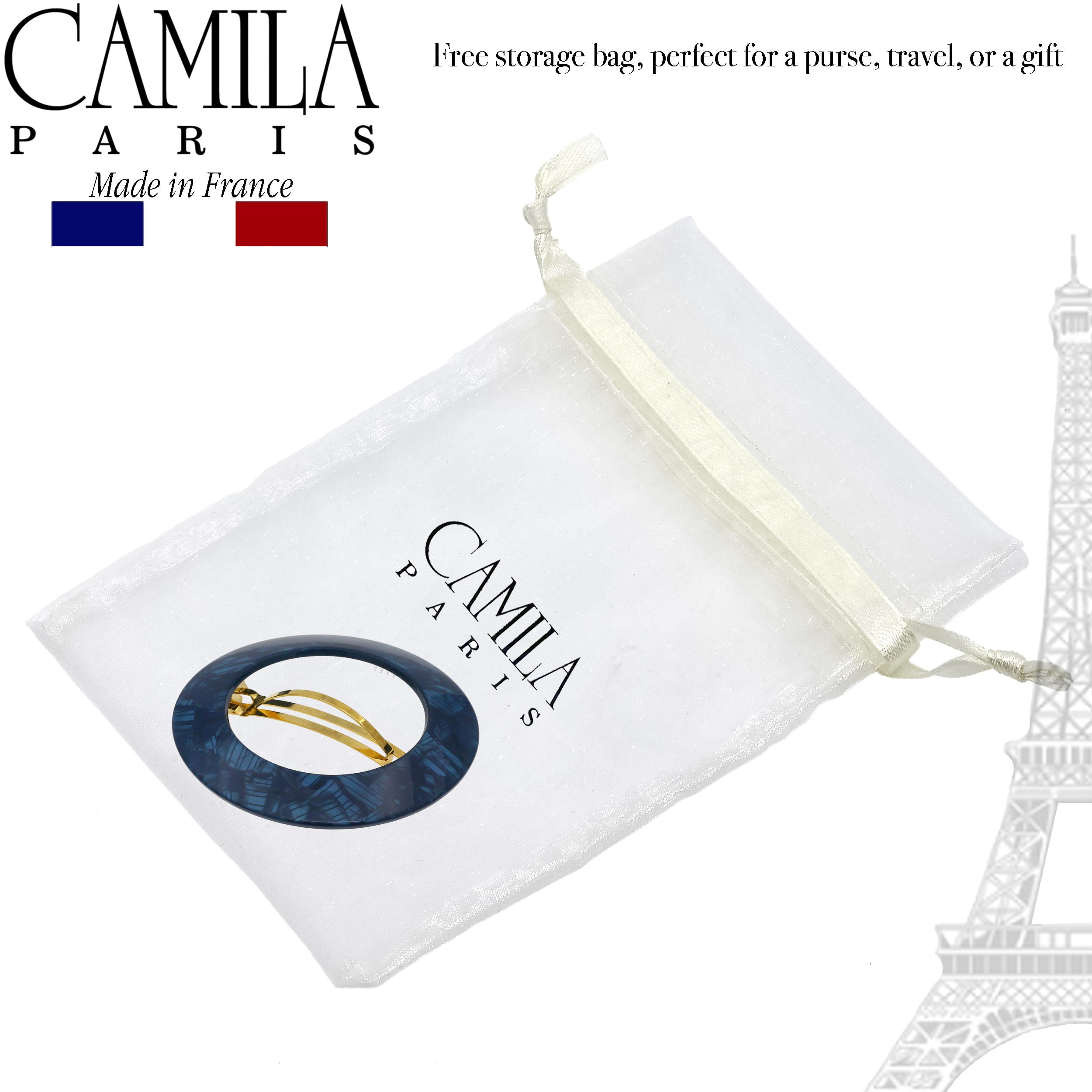 Camila Paris CP3257 French Hair Barrette Clip for Girls, Round Handmade Blue, Strong Hold Grip Hair Clips for Women, No Slip and Durable Styling Girls Hair Accessories, Made in France