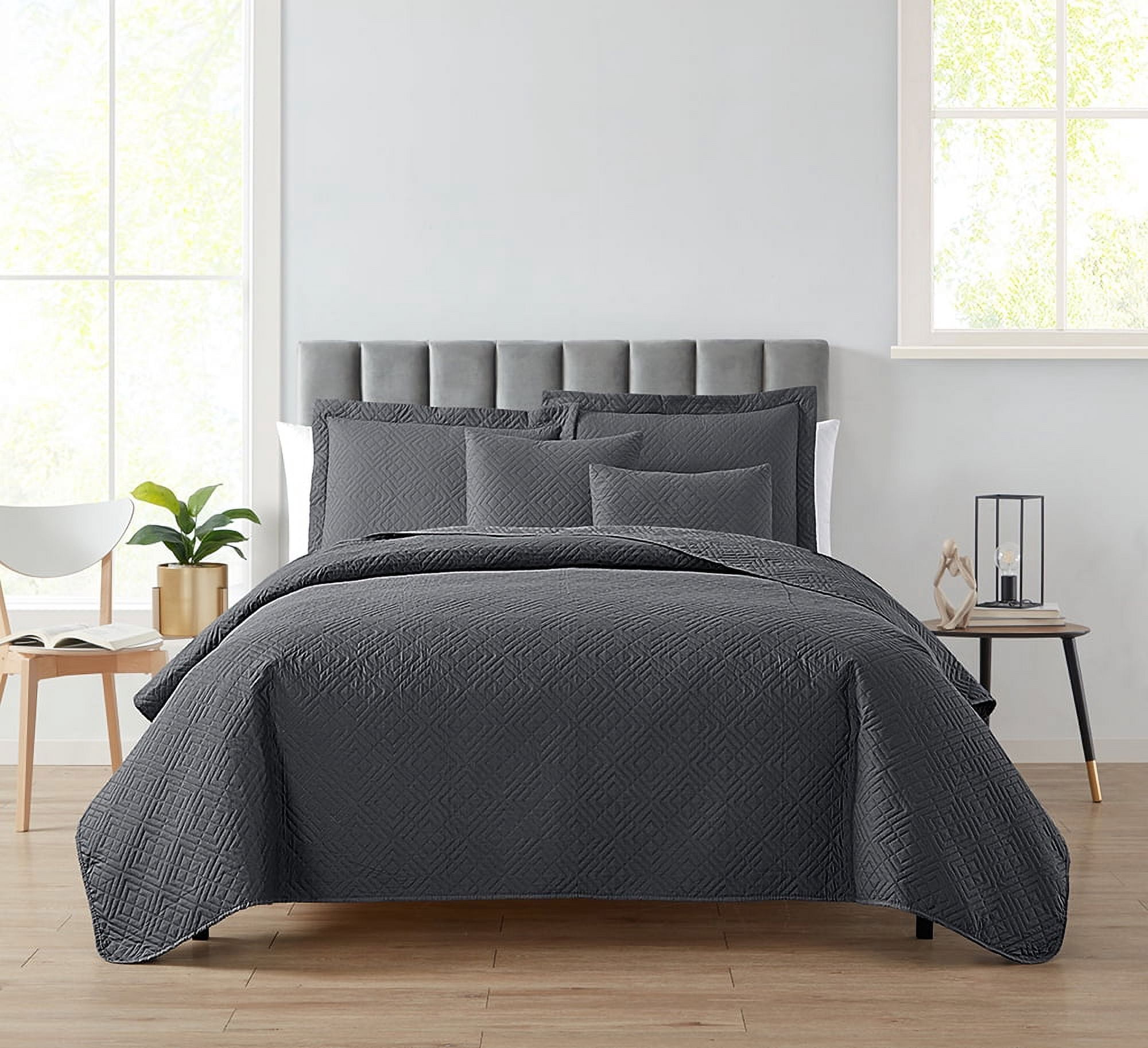 Nestl 5 Piece Quilt Set Queen , Soft Microfiber Lightweight Bedspread Coverlet, Modern Style Diamond Weave Bed Cover, Gray