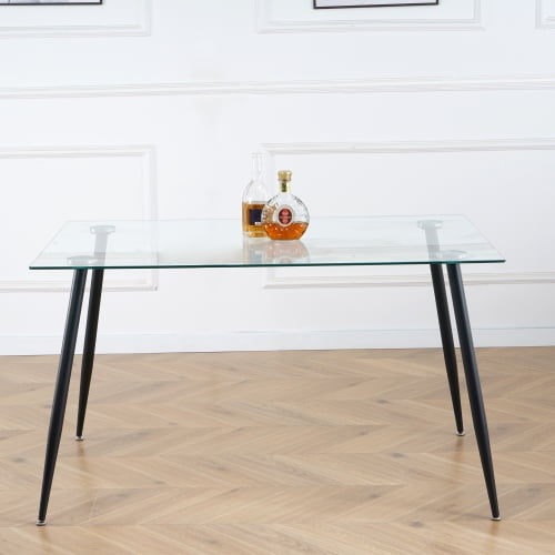 Cterwk Tempered Glass Tabletop Dining Table with Black Metal Legs, Rectangular Dining Desk for Living Room, Dining Room