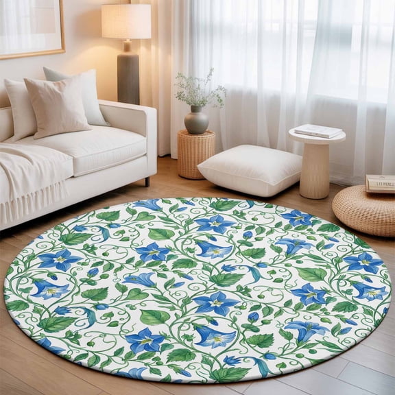 Round Area Rugs 4Ft, Blue Green Botanical Non-Slip Washable Circle Rugs Carpet, Watercolor Spring Floral Summer Indoor Outdoor Rug Floor Mats Throw Runner for Bedroom Living Room Bathroom