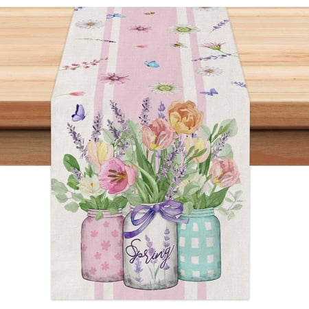 Rdsfhsp Floral Vase Pink Spring Linen Table Runner 13x72 Inch Farmhouse Rustic Holiday Kitchen Dining Table Decoration for Indoor Outdoor Dinner Party Decor