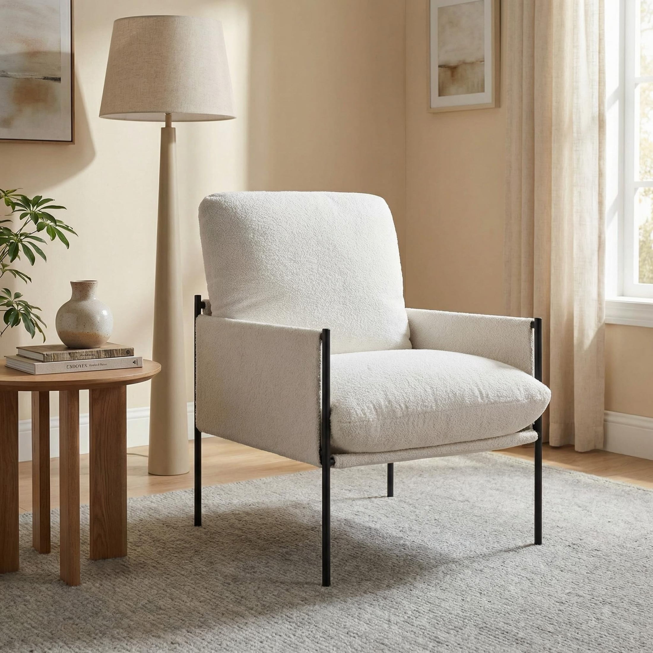Vinform Modern Accent Chair, Arm Chair with Removable Cushion, Metal Frame for Living Room, White
