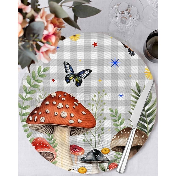 13 Inch Round Placemats Set of 4, Spring Mushrooms Non Slip Heat Insulation PP Table Mats, Farmhouse Pastoral Botanical Gray Plaid Washable Place Mats for Kitchen Dining Party Table Decor