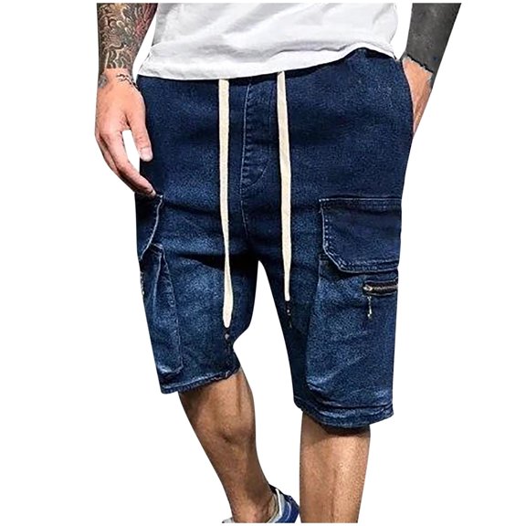 DDAPJ pyju Mens Jean Shorts Multi Pocket Cargo Jean Shorts Casual Solid Color Elastic Waist Drawstring Stretch Denim Shorts