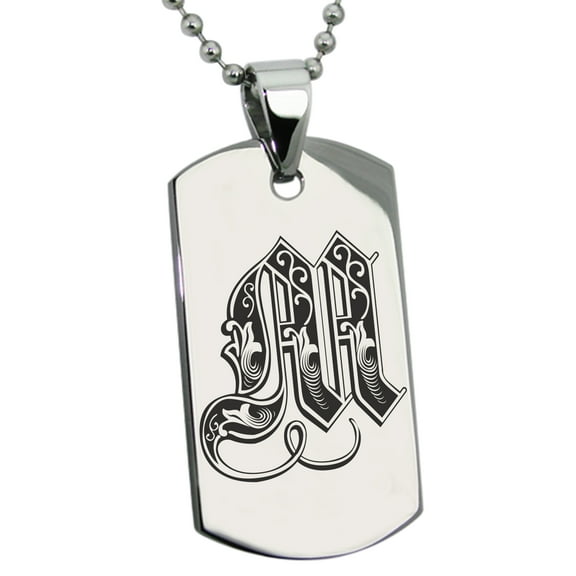Tioneer Stainless Steel Letter M Initial Royal Monogram Engraved Engraved Dog Tag Pendant Necklace