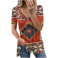 thumbnail image 1 of Mujeres Casual Retro Western Aztec Print manga corta étnica cuello en V cremallera camisetas Tops Fridja  hjk5353, 1 of 8