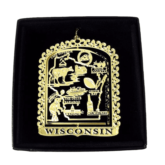 Wisconsin State Brass Ornament Black Leatherette Gift Box