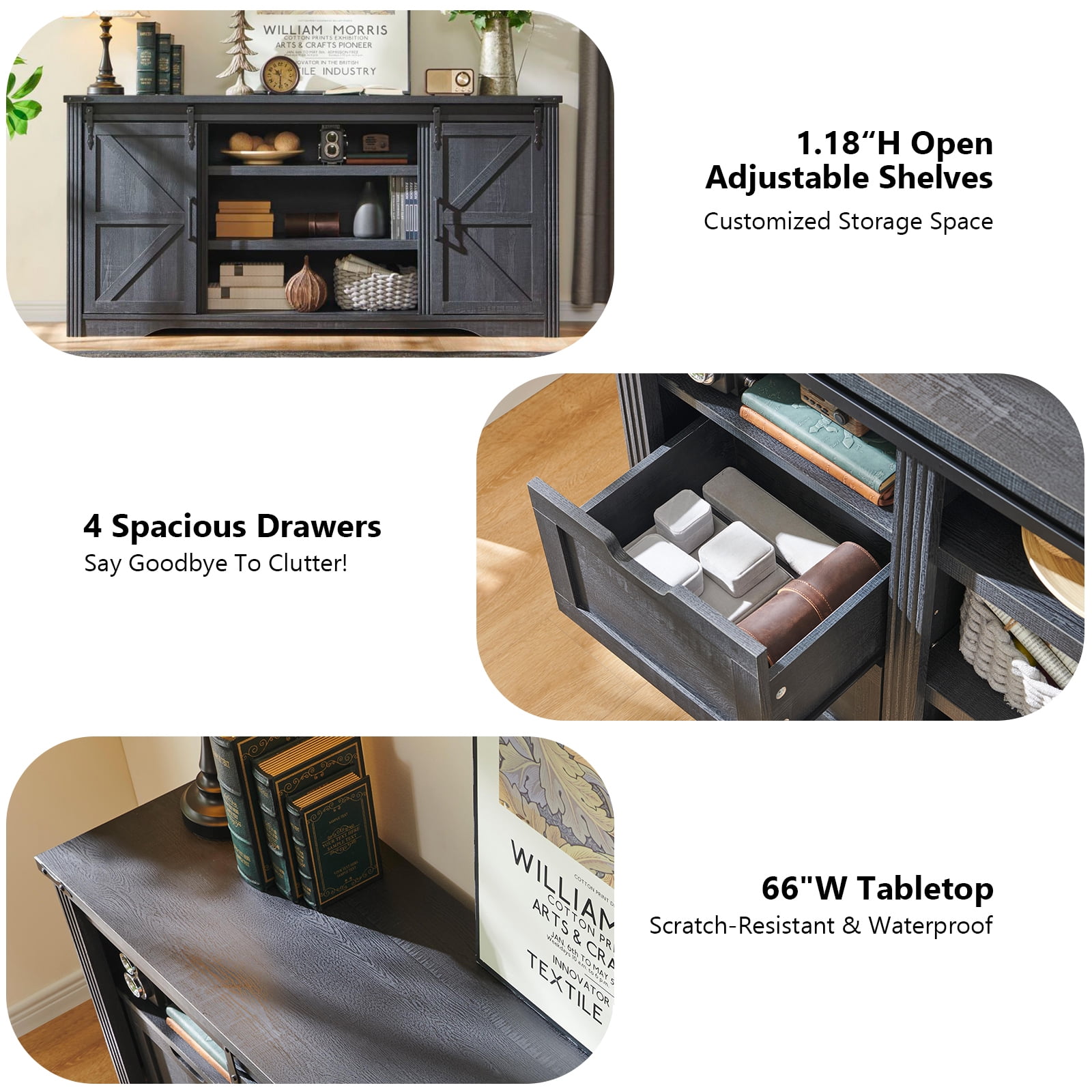 T4TREAM Farmhouse TV Stand with 4 Drawer for TVs up to 75", Farmhouse Entertainment Center with Adjustable Shelves & Barn Door, Black