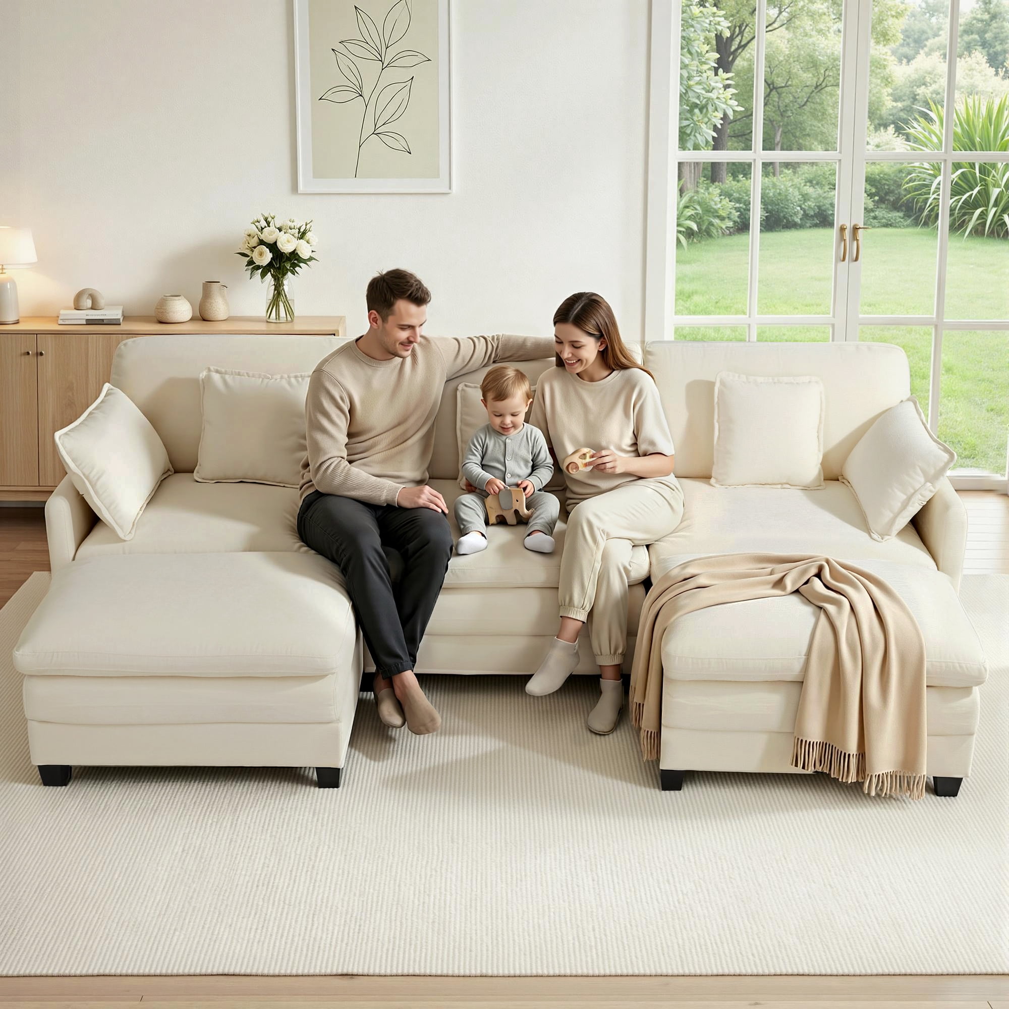 MCombo 111.8''  U-Shaped Modular Sectional Sofa Couch with Chaise Ottomans for Living Room, FSC Certified, Beige