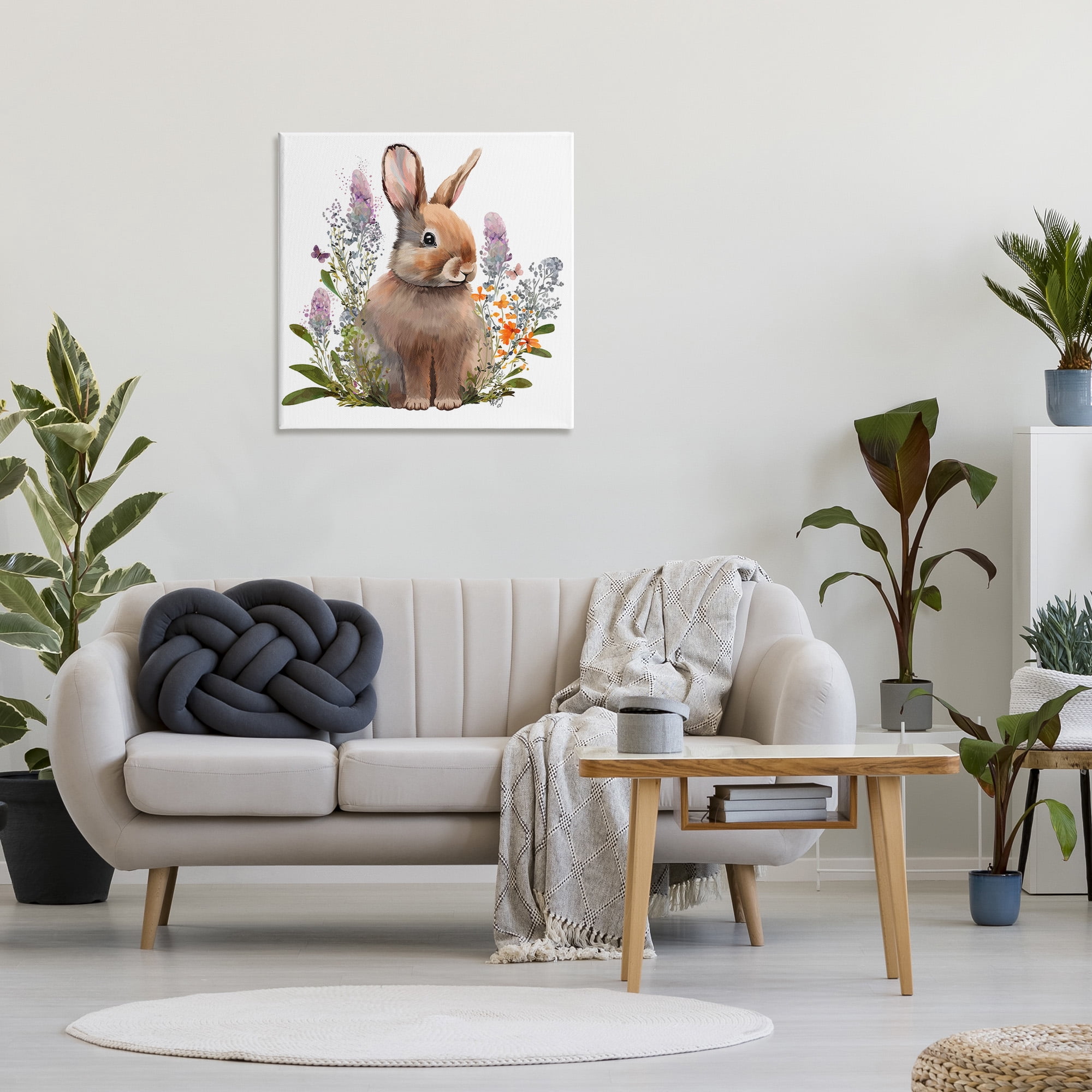 Stupell Industries Brown Bunny with Florals Animals & Insects Painting Gallery Wrapped Canvas Art Print Wall Art, 30 x 30