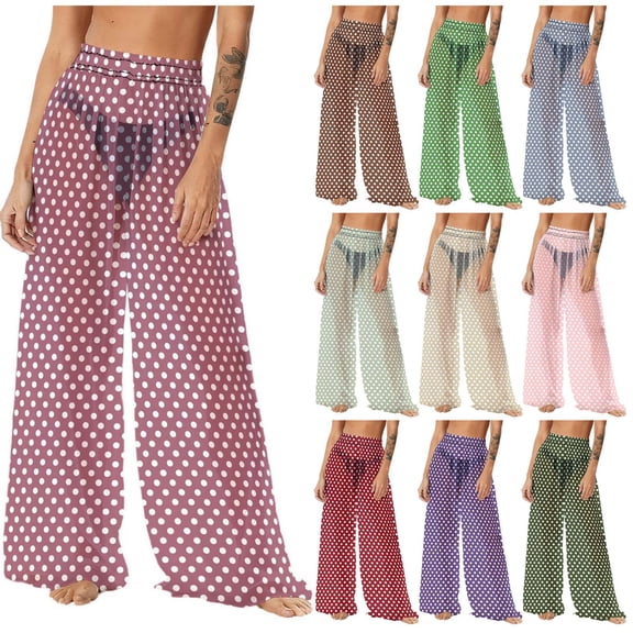 YFNNUP Women's Wide Leg Palazzo Pant Elastic Waist Lounge Trouser Sheer Mesh Chiffon Trousers Summer Beach Vacation Casual Pants Beige XL