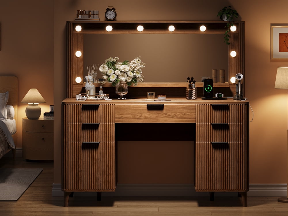UGTOO Vintage Walnut Dressing Table – Large LED Mirror, 5 Drawers & Hidden Cabinets, Charging Ports (48.8"L x 15.7"W)