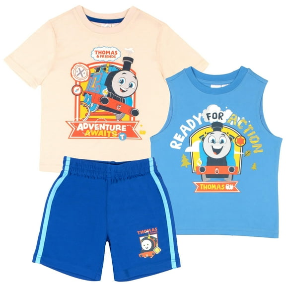 Thomas & Friends Boys 3 Piece Short Set Thomas and Friends Short Sleeve Shirt Tank Top Shirt and Shorts 3 Pack Bundle Set for Kids and Toddlers (Size 3T-8)